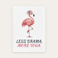 Postkarte „Less drama, more yoga.“ mit Flamingo in Yoga-Pose auf weißem Karton