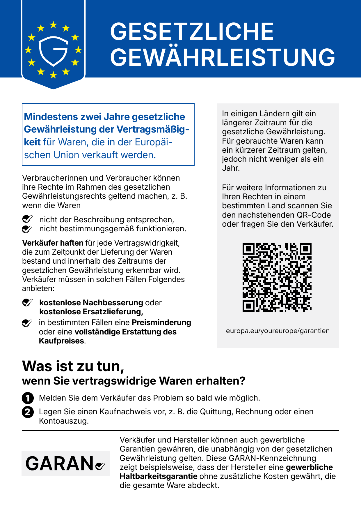 Gesetzliche Gewährleistung – EU-Hinweis: Mindestens zwei Jahre gesetzliche Gewährleistung für Waren, die in der EU verkauft werden